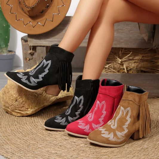Fringe Point Toe Block Heels Boots - Tigbul's Variety Fashion Shop