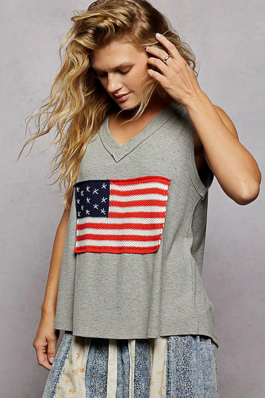 POL V-Neck Ribbed Tank with American Flag Patch and Star Back Patch - Tigbul's Variety Fashion Shop
