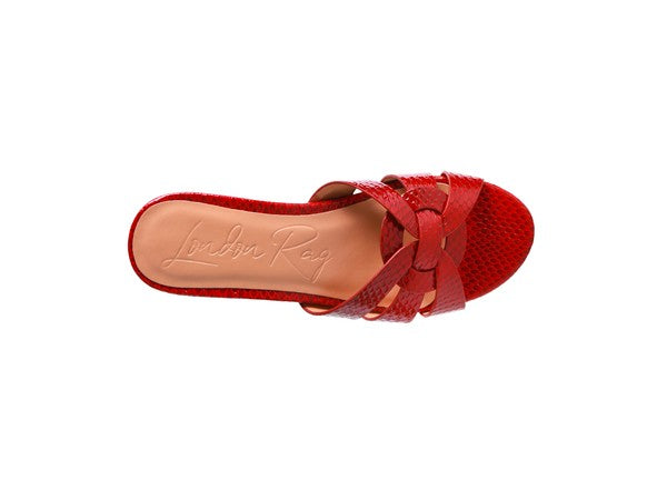Burgundy woven strap slide sandal with open toe and low block heel
