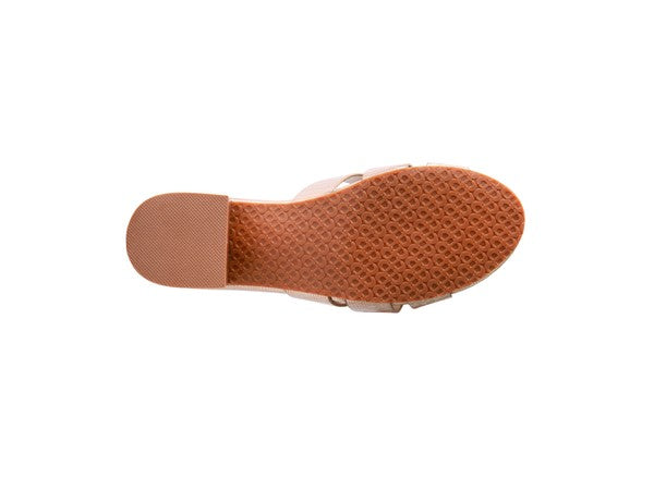 Bottom view: woven strap sandal with textured outsole tread and block heel