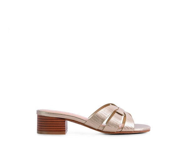 Pewter Gold woven strap block-heel sandals, side view with woven cross straps