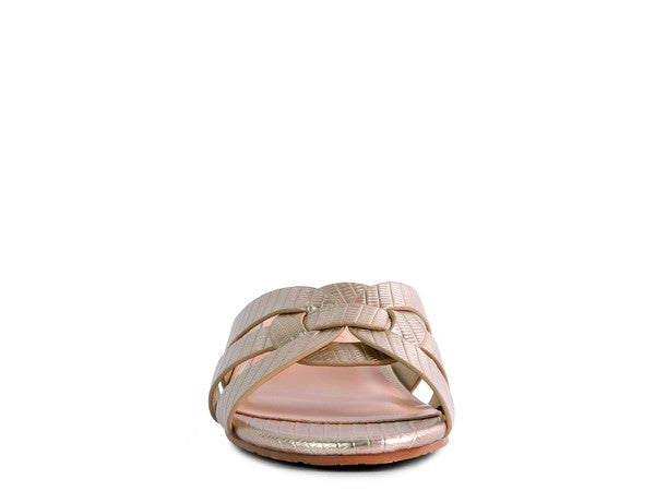 Pewter Gold woven slide sandals, front view of braided straps