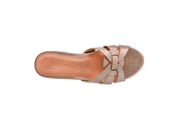 Woven braided strap slide sandal with block heel and beige leather-style upper