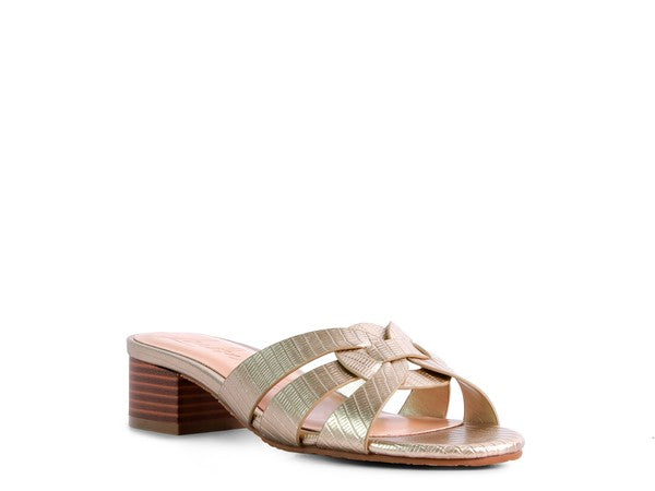 Pewter Gold woven strap block-heel sandals, angled side view