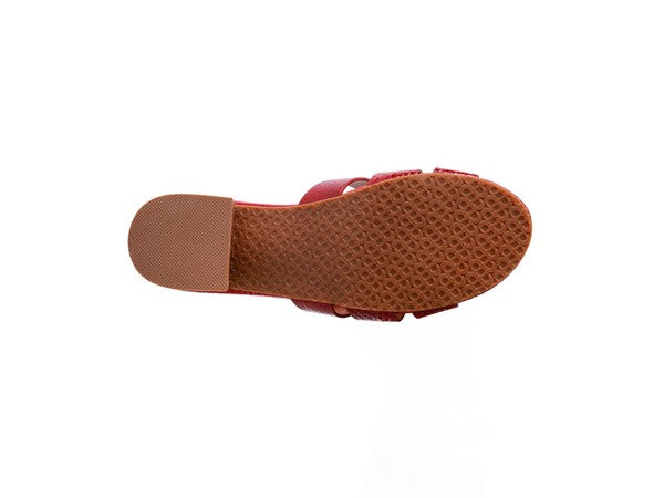 Burgundy woven strap block-heel sandals, back outsole view