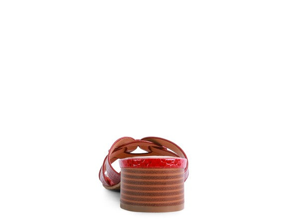 Burgundy woven mule sandal showing stacked block heel and open back