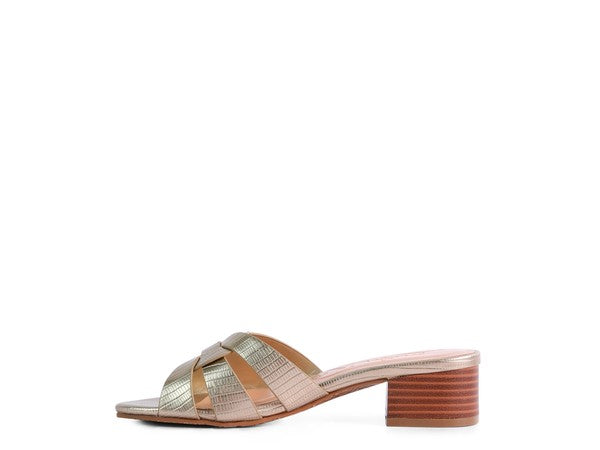 Pewter Gold woven sandal, angled side view of block heel and footbed