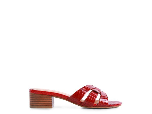 Burgundy woven strap block heel mule sandal with open toe, angled side
