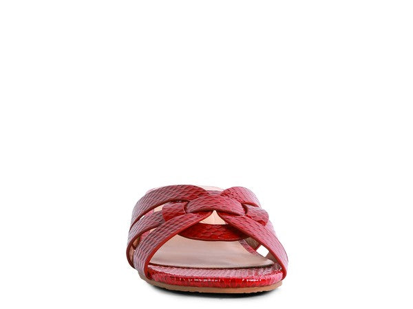Burgundy woven slide sandal with braided crisscross straps and open toe