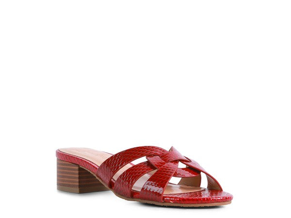 Burgundy woven strap block heel mule sandal with cutout toe and low block heel