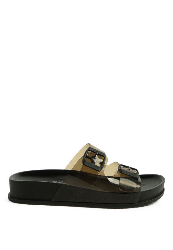 MINATA platform buckled slide sandals, profile view; tan footbed with black buckles.