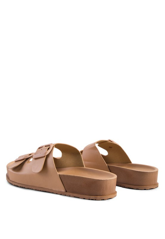 Latte platform slide sandals, side view with two buckle straps and open toe