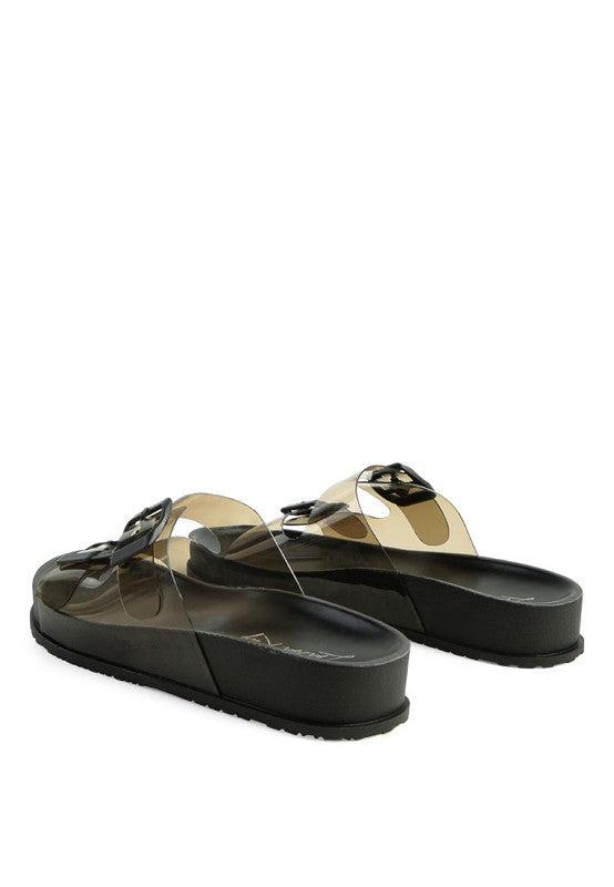 MINATA platform buckled slide sandals, rear side view with tan straps and black sole.