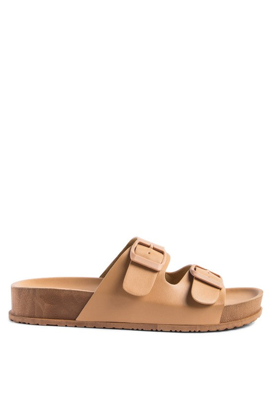 Latte Minata platform slide sandals, front side view with thick platform sole