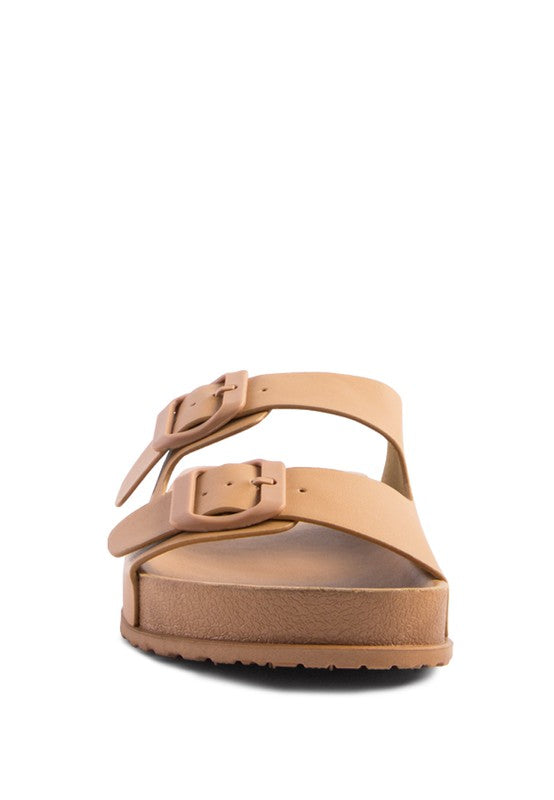 Latte platform slide sandals, toe strap detail with adjustable buckles