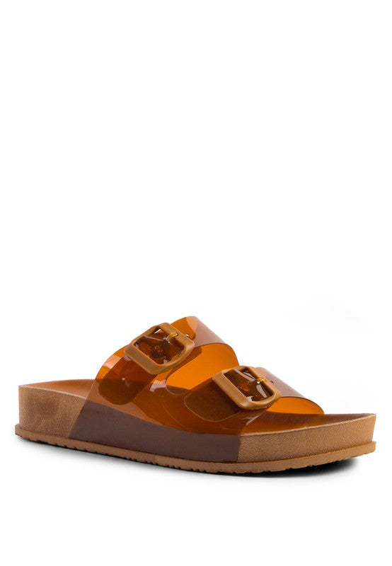 MINATA platform buckled slide sandals, front view; orange-brown straps over tan platform.