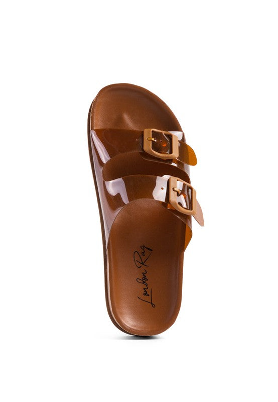 MINATA Plateauslide-Sandalen – Vorderansicht mit zwei Schnallenriemen, braun