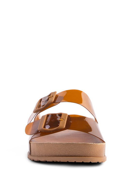 MINATA Plateauslide-Sandalen – seitliche Ansicht des Riemens mit Schnalle, braun