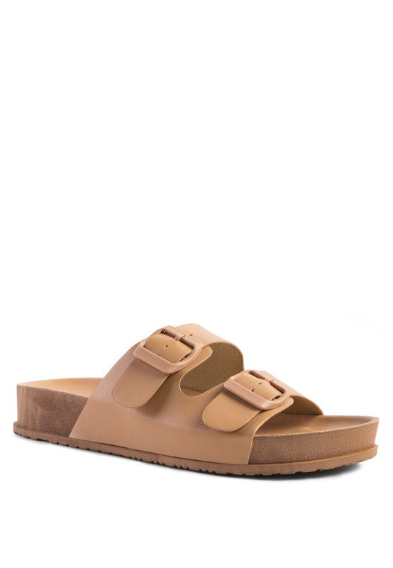 Latte platform slide sandals, two buckle straps, chunky raised sole