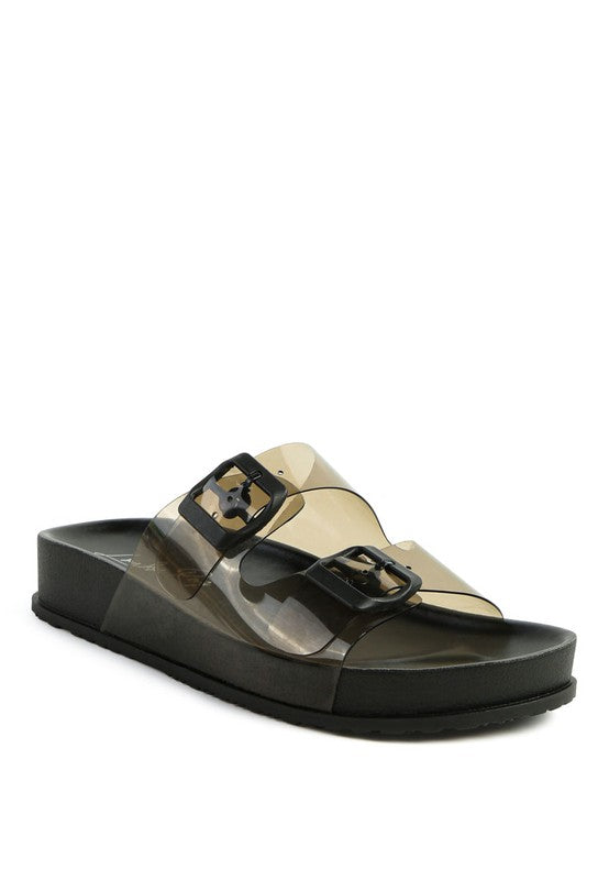 MINATA platform buckled slide sandals in tan with black platform and buckles.