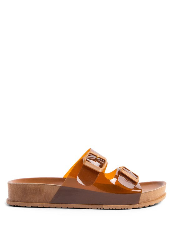 MINATA Plateauslide-Sandalen mit breiten Schnallenriemen, braune Farbe, profilierte Sohle