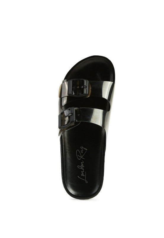 MINATA platform buckled slide sandals, black upper with silver strap and buckle.
