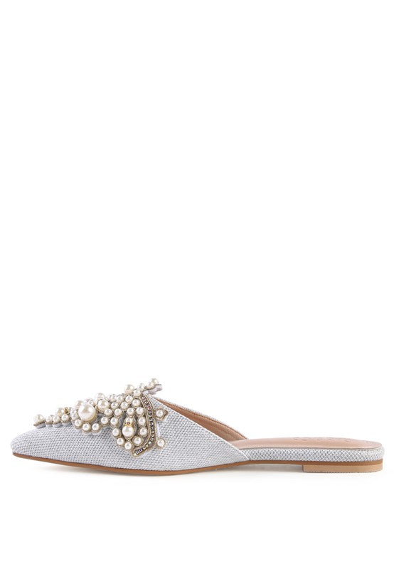 White pearl mules, side view with jeweled pearl cluster across top