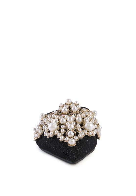 Black pearl mule heel view with clustered bead-and-pearl embellishment