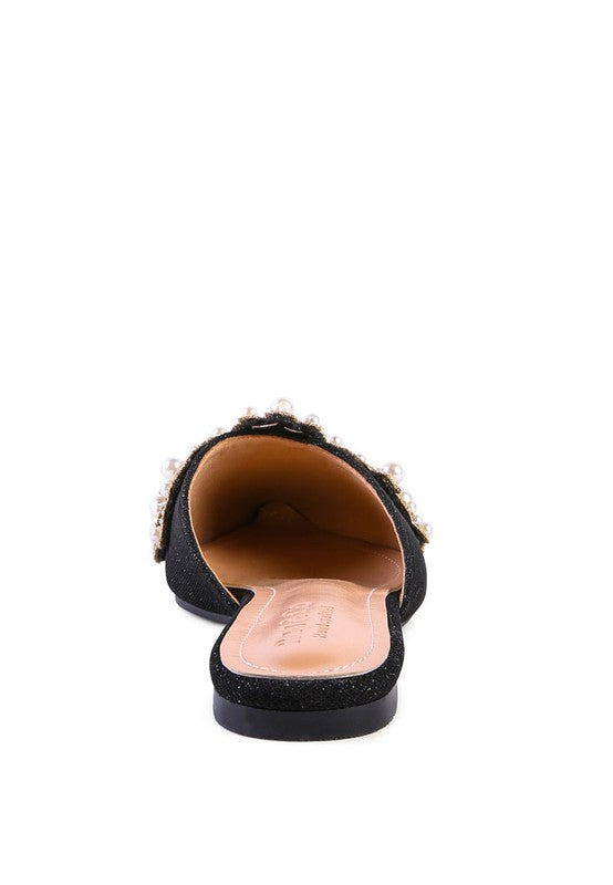 Black pearl mules slipper, interior view showing open back and insole