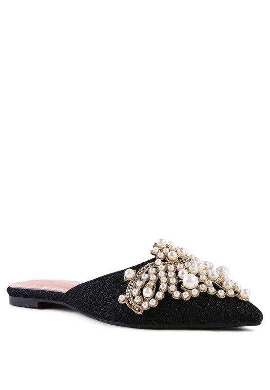 Black pearl embellished delicate mule with jeweled upper strap detail