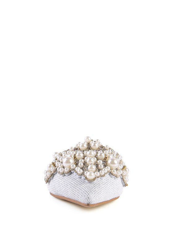White textured pearl mules, back view with pearl cluster at top