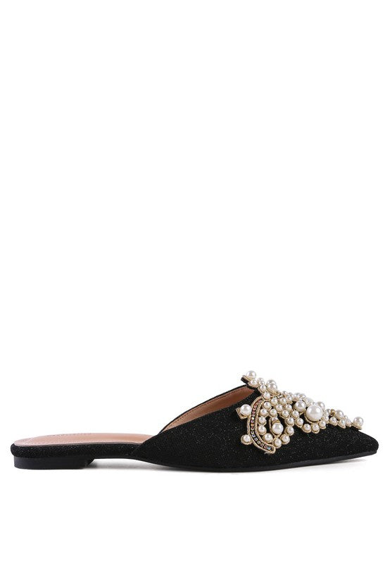 Black embellished pearl mules, side profile with jeweled toe detail