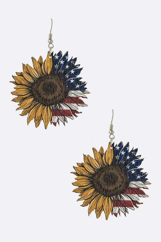 Flag Print Sunflower Wooden Earrings - Tigbul's Variety Fashion Shop
