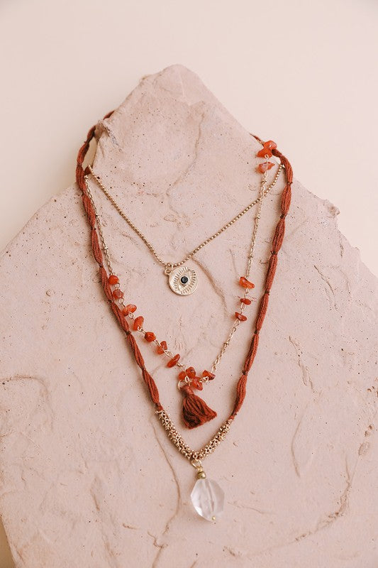 Carnelian & Crystal Drop Multi Layered Necklace - Tigbul's Variety Fashion Shop