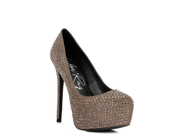 CLARISSE Diamante Faux Suede high Heeled Pumps - Tigbul's Variety Fashion Shop