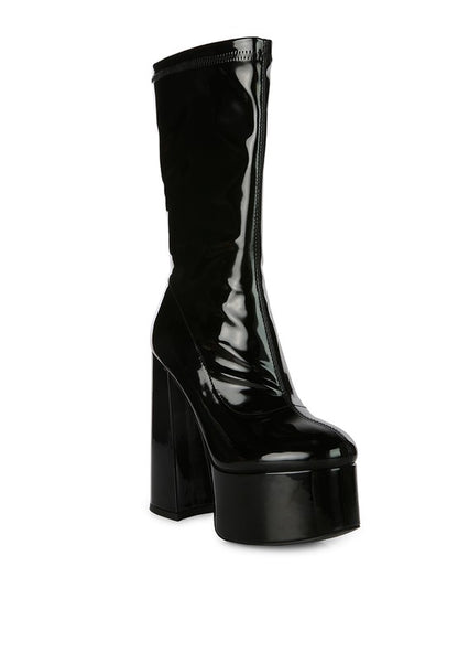 VINKELE Patent PU Platform Heeled Calf Boots - Tigbuls Variety Fashion