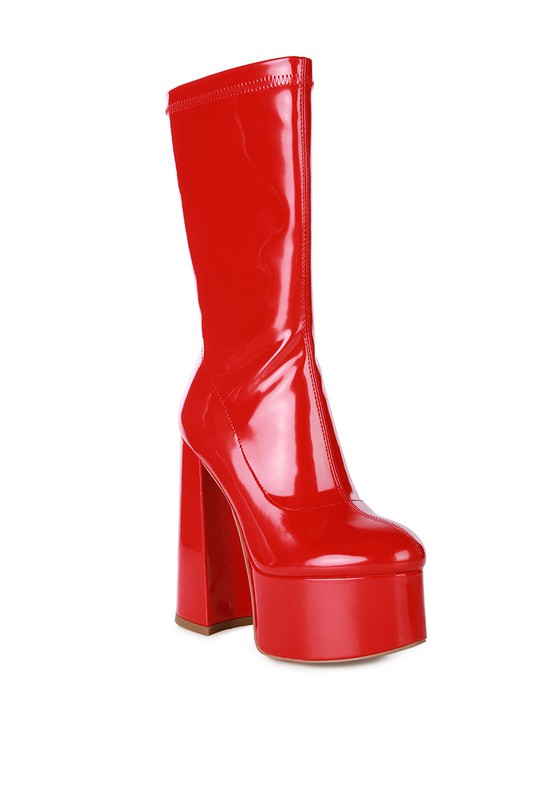 VINKELE Patent PU Platform Heeled Calf Boots - Tigbuls Variety Fashion