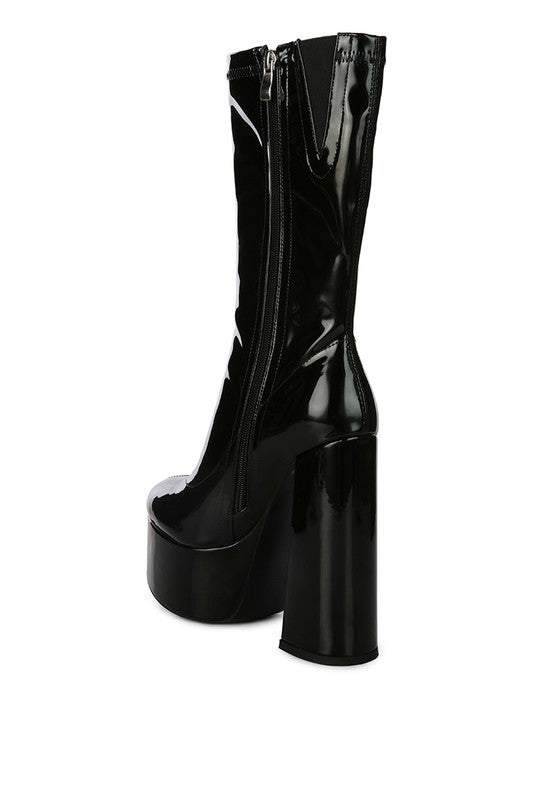 VINKELE Patent PU Platform Heeled Calf Boots - Tigbuls Variety Fashion