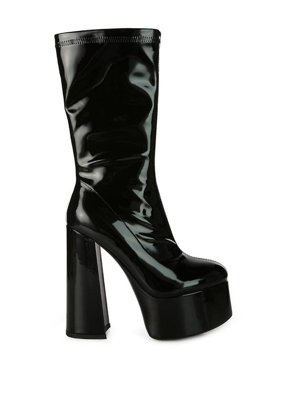 VINKELE Patent PU Platform Heeled Calf Boots - Tigbuls Variety Fashion