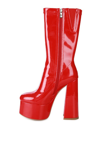 VINKELE Patent PU Platform Heeled Calf Boots - Tigbuls Variety Fashion