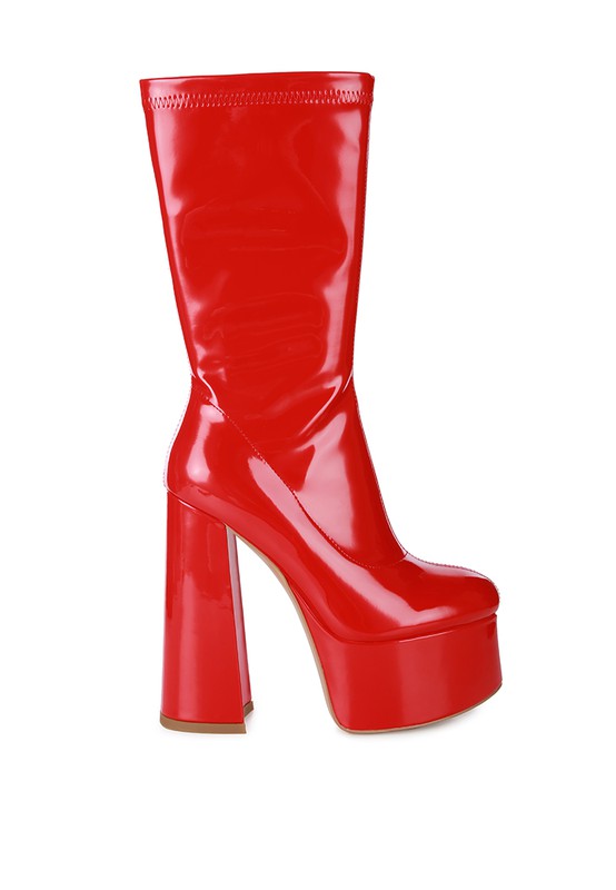 VINKELE Patent PU Platform Heeled Calf Boots - Tigbuls Variety Fashion