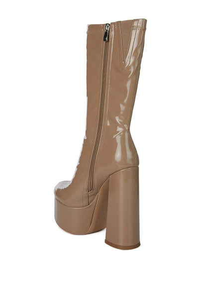 VINKELE Patent PU Platform Heeled Calf Boots - Tigbuls Variety Fashion