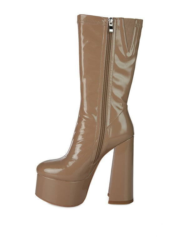 VINKELE Patent PU Platform Heeled Calf Boots - Tigbuls Variety Fashion