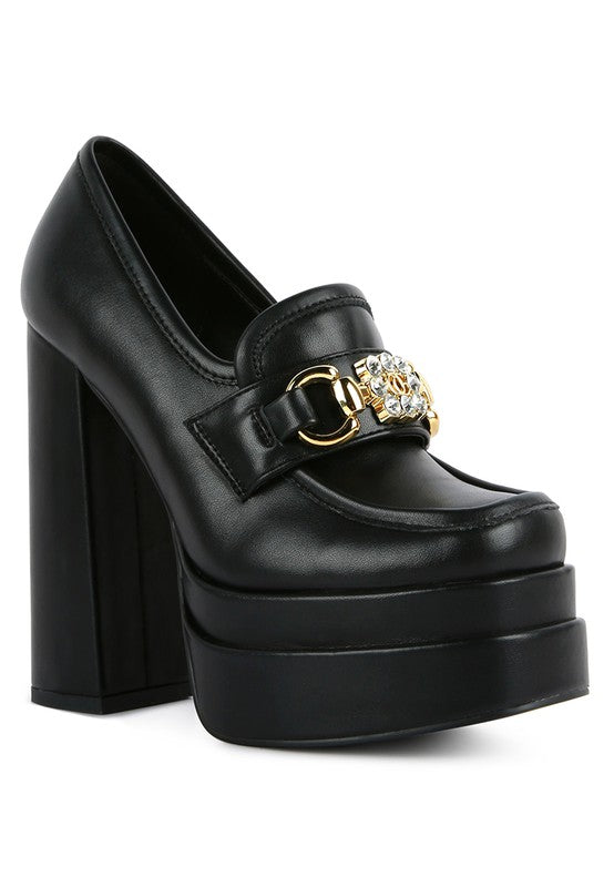 High Block Heeled Platform Jewel Loafers - Tigbuls Variety Fashion