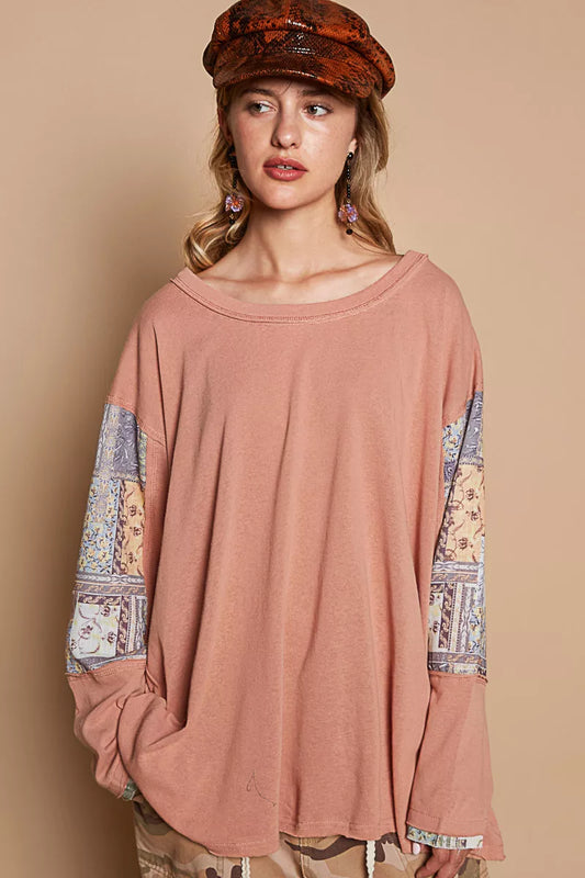 POL Round Neck Long Sleeve Roomy Fit Top with Stitch Detail - Tigbul's Variety Fashion Shop