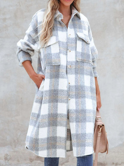 Oversized Plaid Button Up Longline Jacket - Tigbul's Variety Fashion Shop