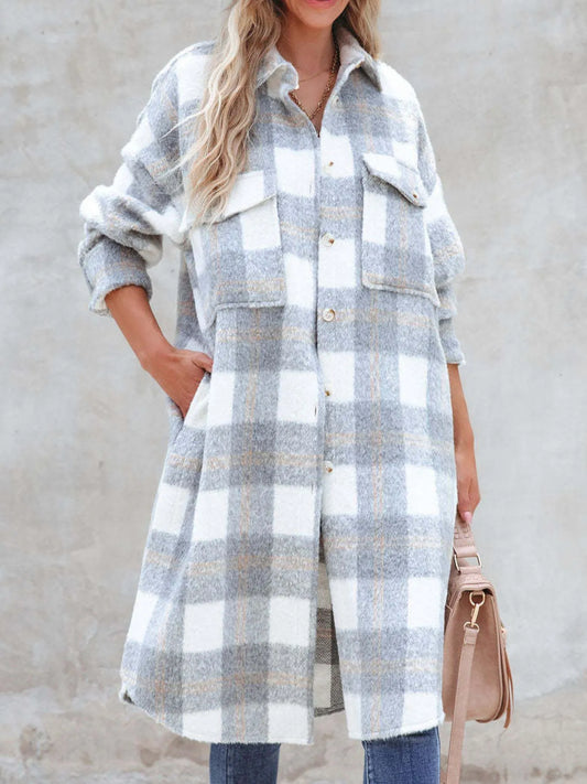 Oversized Plaid Button Up Longline Jacket - Tigbul's Variety Fashion Shop