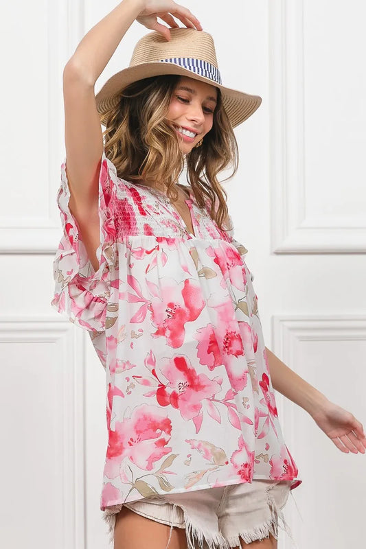 BiBi Floral Print Flutter Sheer Top - Tigbul's Variety Fashion Shop