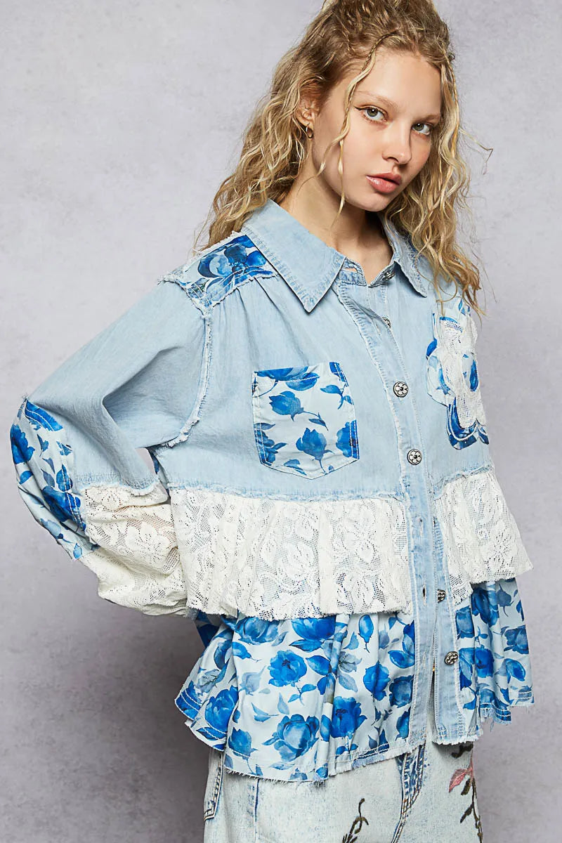 POL Floral Patchwork Denim Shirt with Lace Trim Details - Tigbul's Variety Fashion Shop