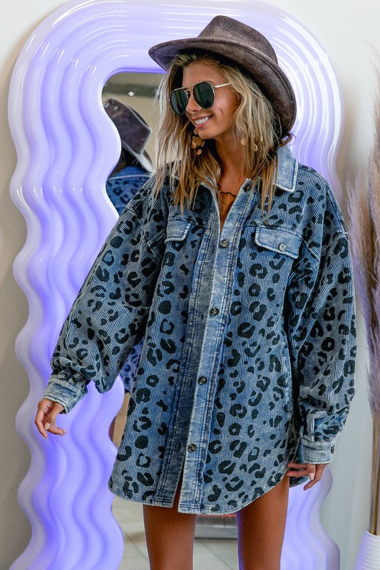 Vintage Washed Leopard Corduroy Buttoned Jacket - Tigbul's Variety Fashion Shop